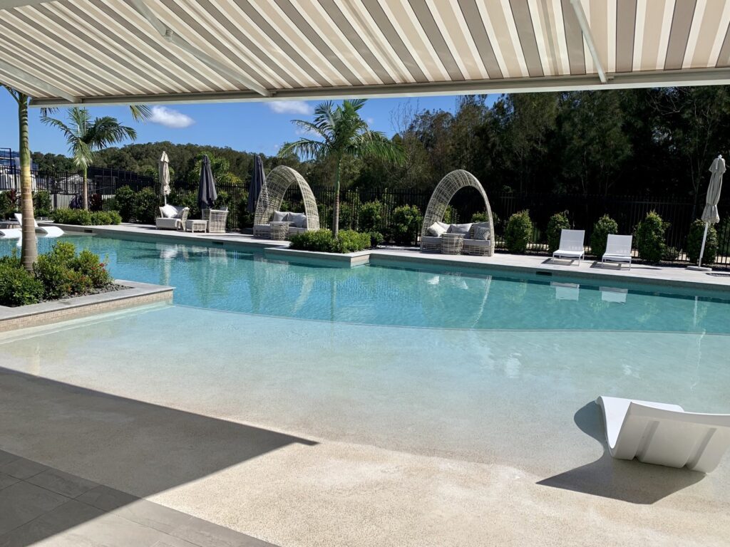 Dickson Resort Striped Awnings Pool Queensland Sunshine Coast Shade Industries